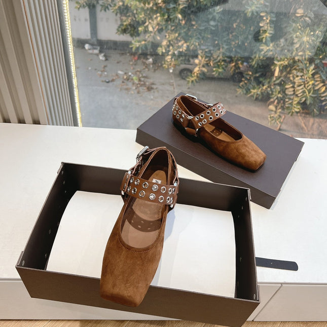 ALAIA 26S FLATS IN BROWN SUEDE WITH SILVER STUD STRAP