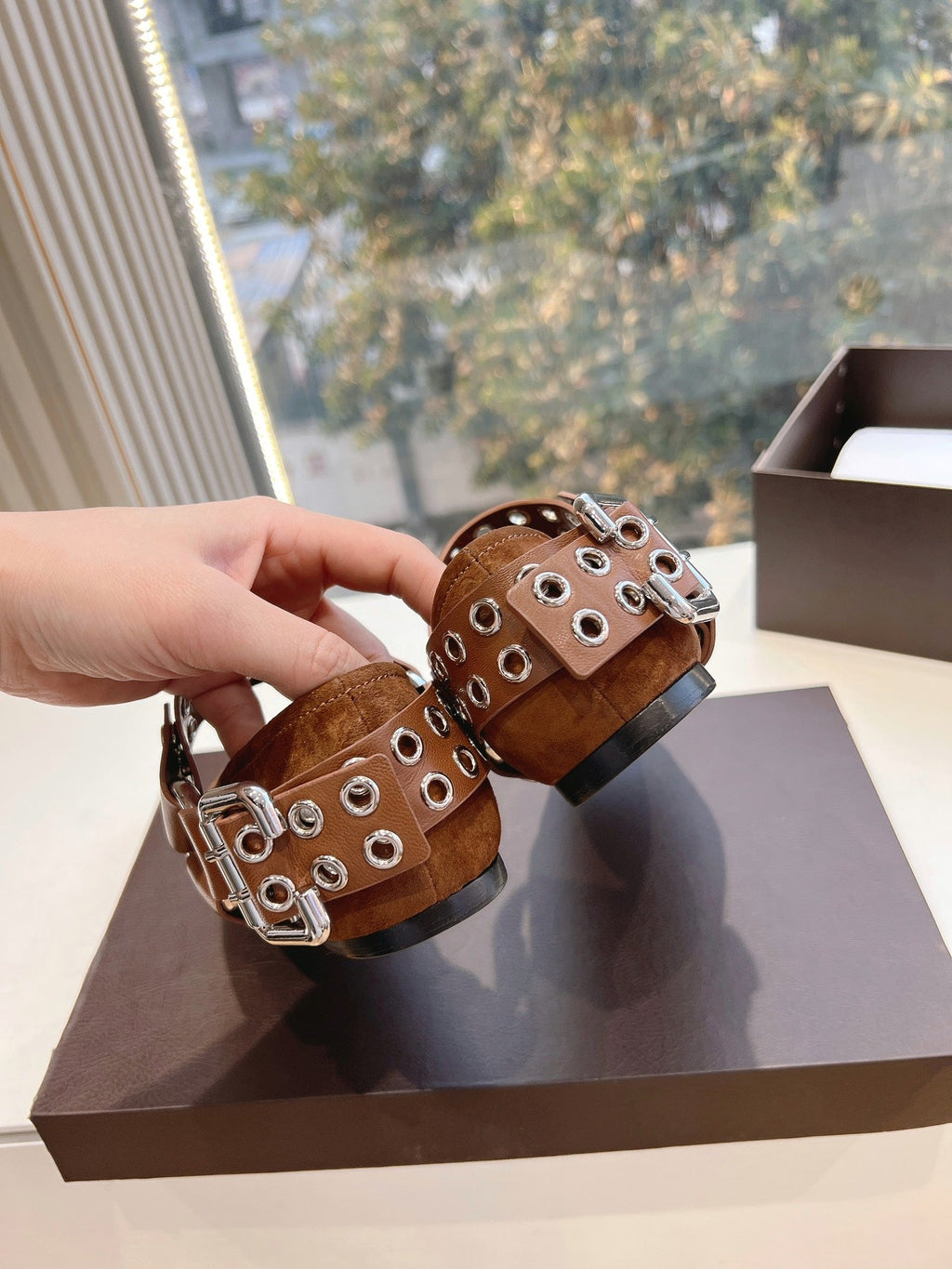 ALAIA 26S FLATS IN BROWN SUEDE WITH SILVER STUD STRAP