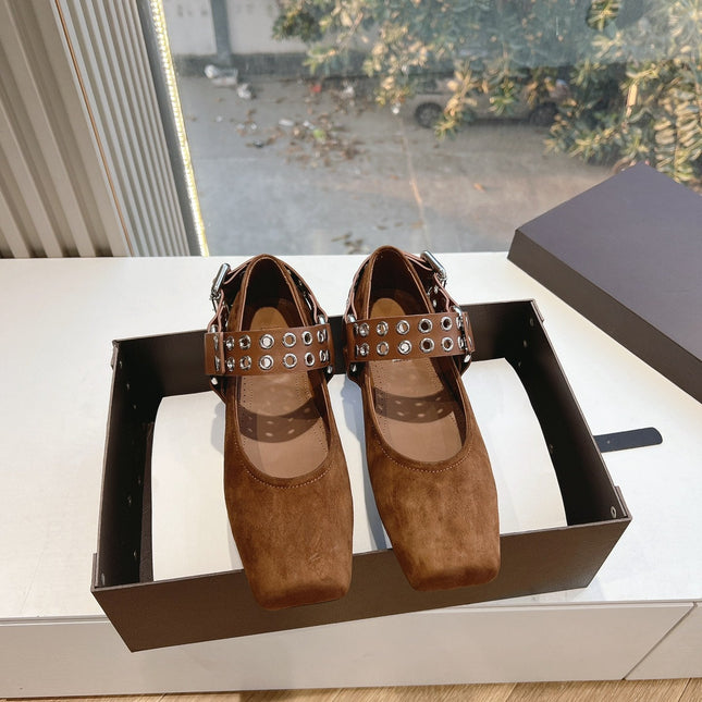 ALAIA 26S FLATS IN BROWN SUEDE WITH SILVER STUD STRAP