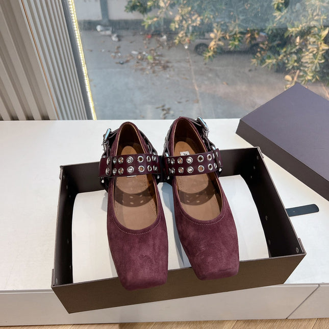 ALAIA 26S FLATS IN DARK RED SUEDE WITH SILVER STUD STRAP
