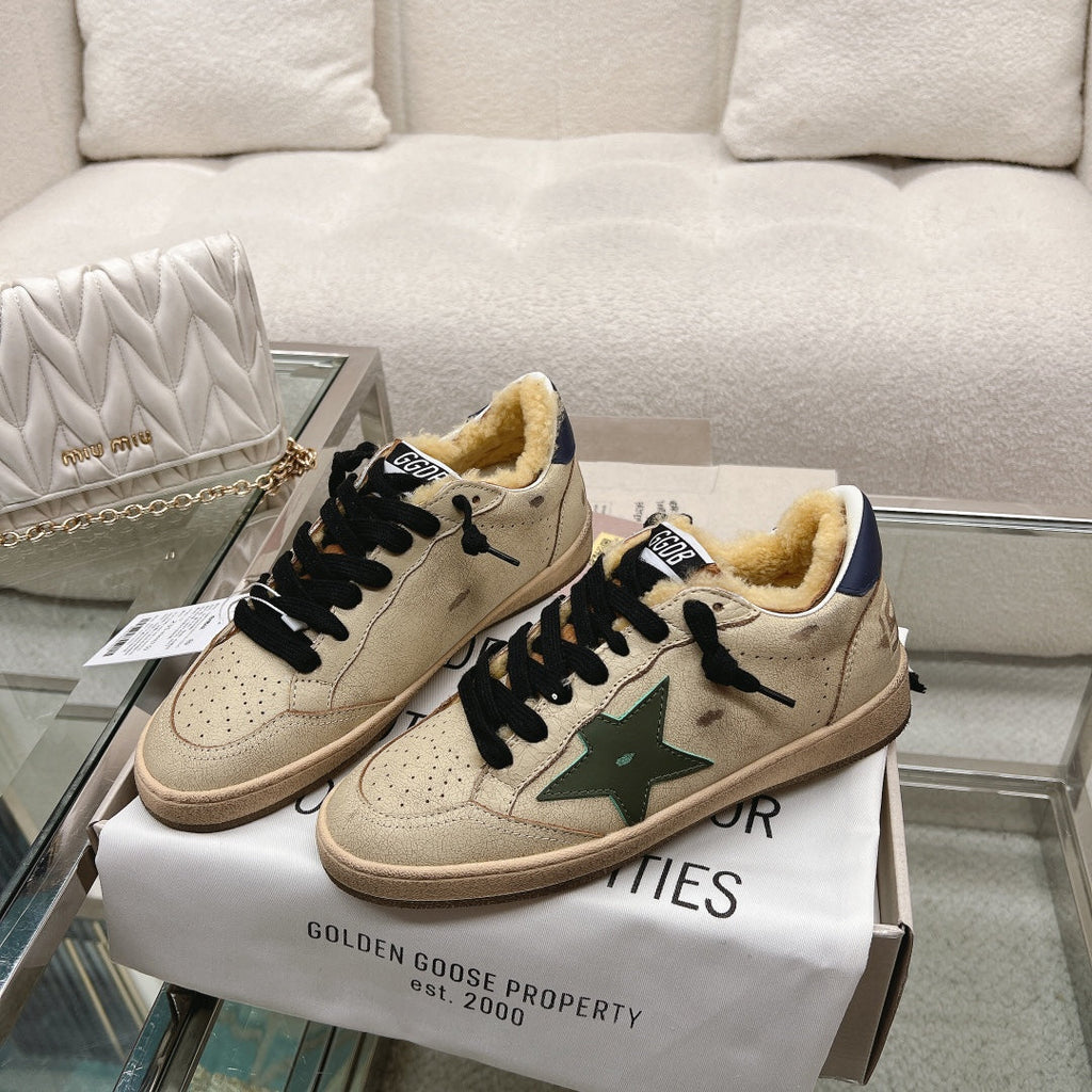BALL STAR SNEAKERS IN RODEO DUST BEIGE CALFSKIN WITH GREEN STAR BLUE HEEL TAB
