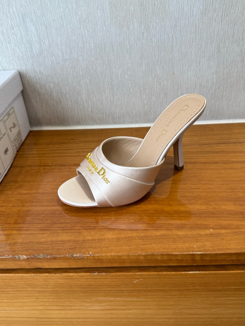 PEEP TOE SANDAL 25S HEELS 10CM IN PALE PINK BEIGE SATIN