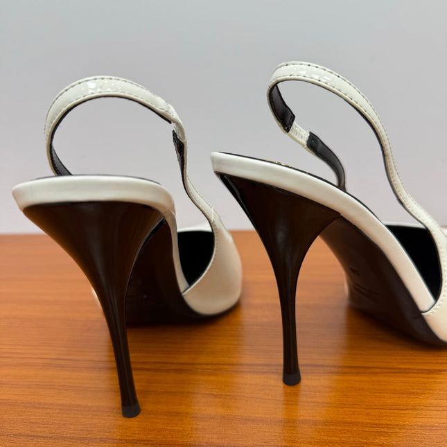 YSL 26S HEELED SLINGBACKS 100 MM IN WHITE GLOSSY CALFSKIN