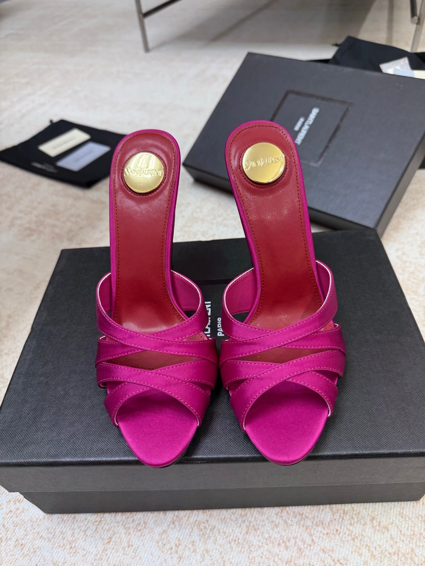 YSL 26S HEELED SANDALS 105 MM IN DARK PINK SATIN