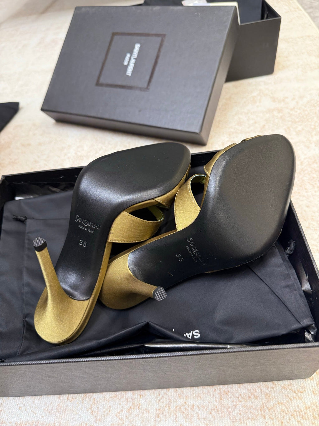 YSL 26S HEELED SANDALS 105 MM IN OLIVE GREEN SATIN