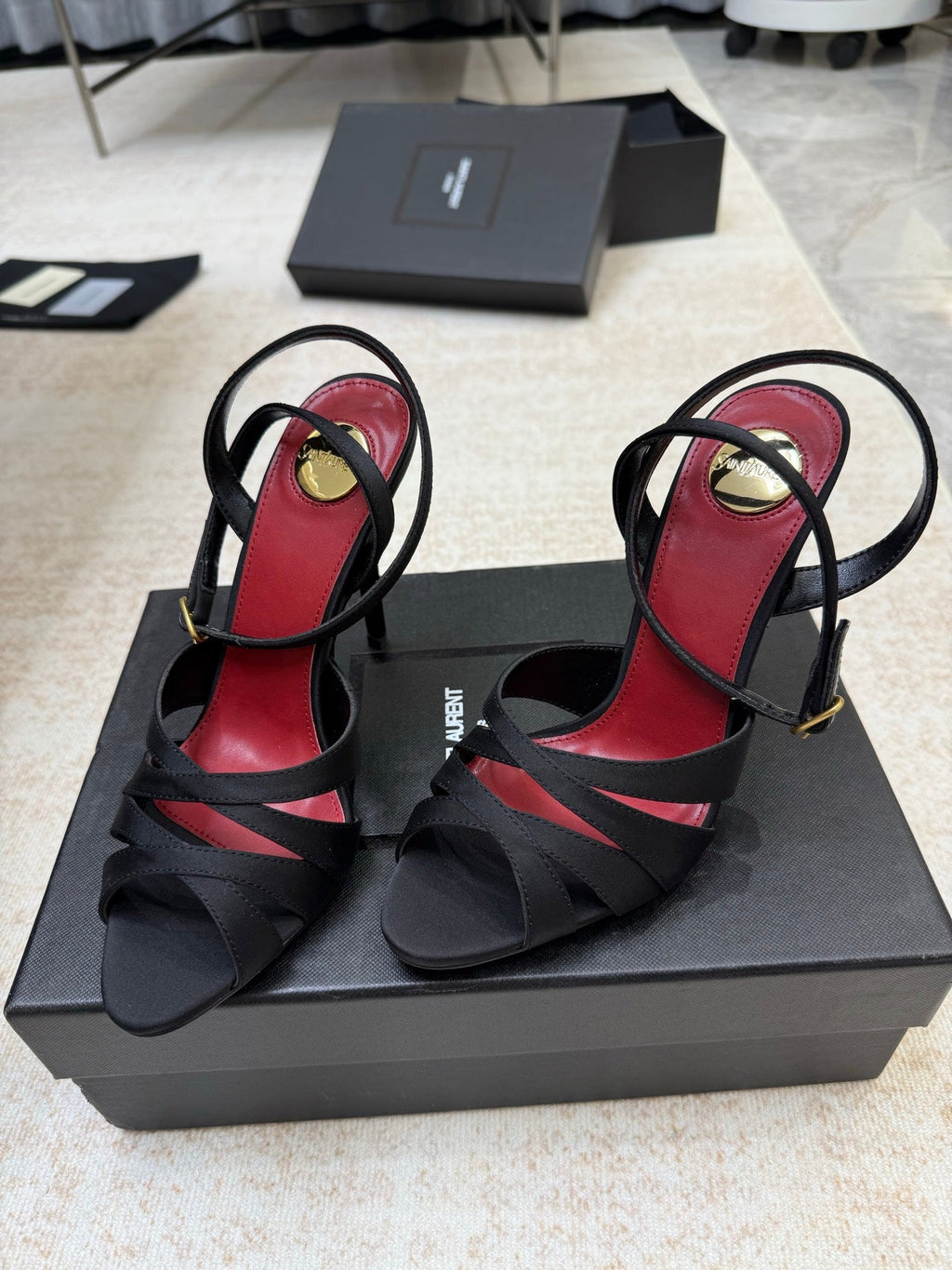YSL 26S STRAPPY HEELED SANDALS 105 MM IN BLACK SATIN