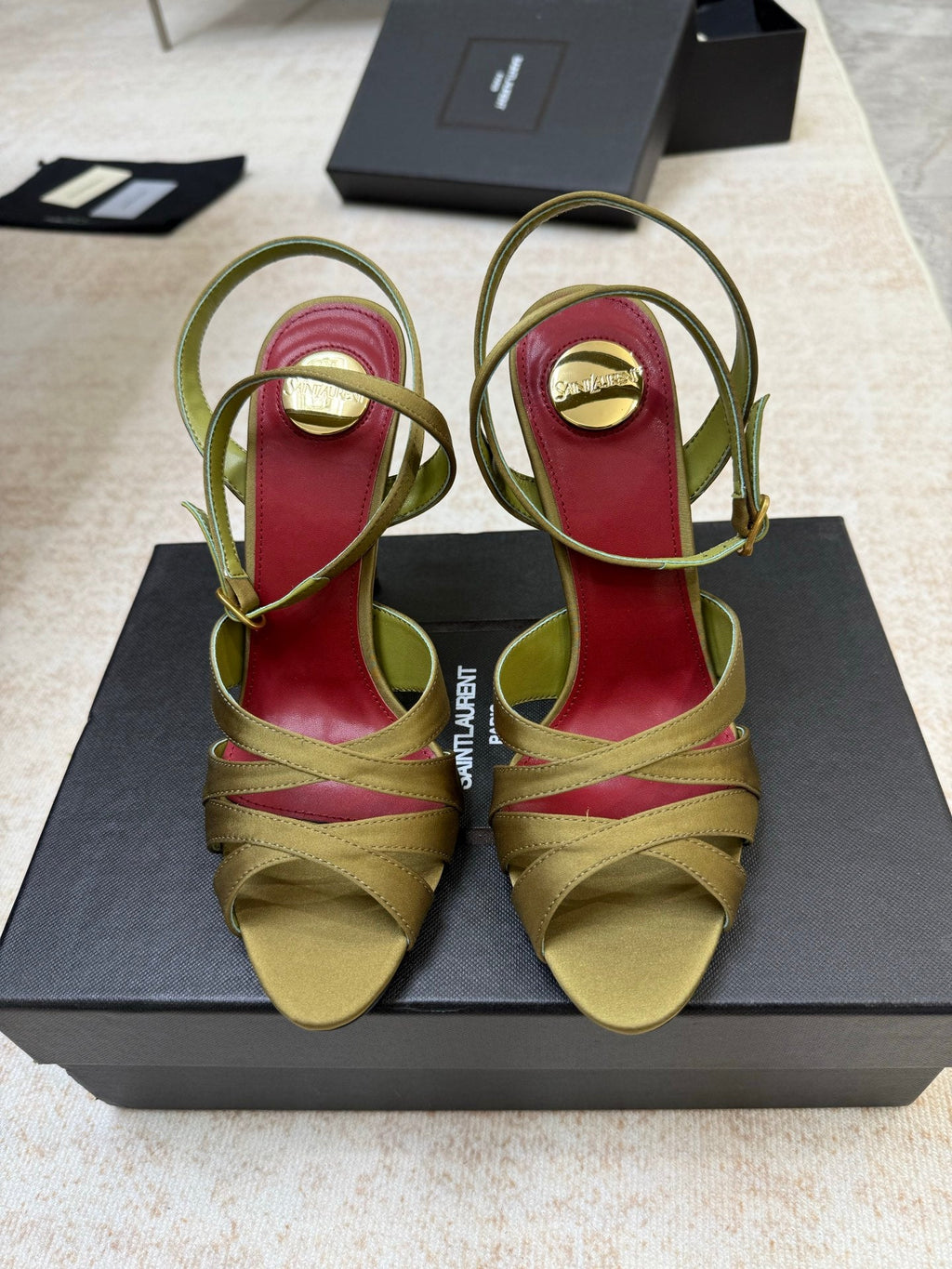 YSL 26S STRAPPY HEELED SANDALS 105 MM IN OLIVE GREEN SATIN