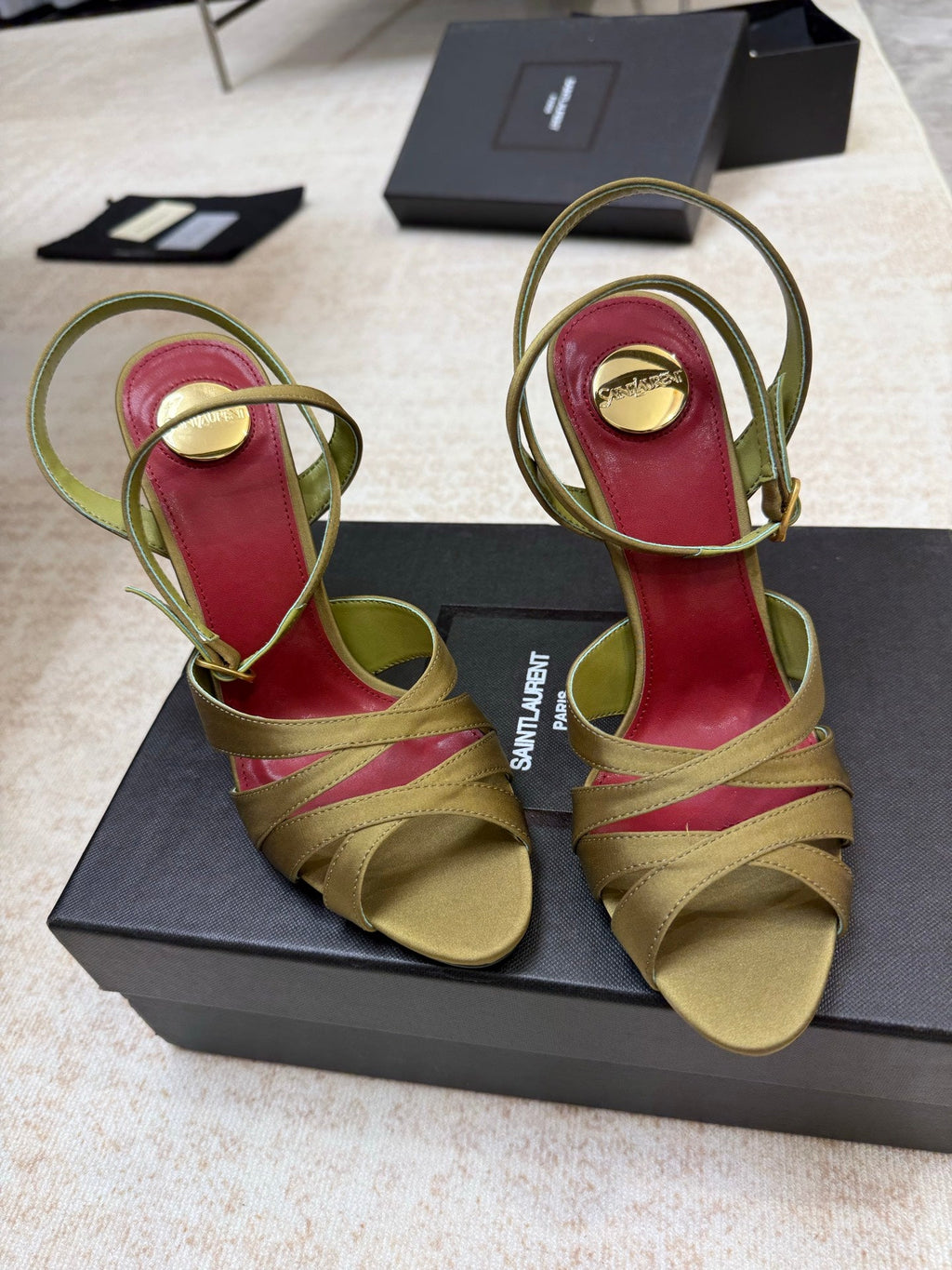 YSL 26S STRAPPY HEELED SANDALS 105 MM IN OLIVE GREEN SATIN