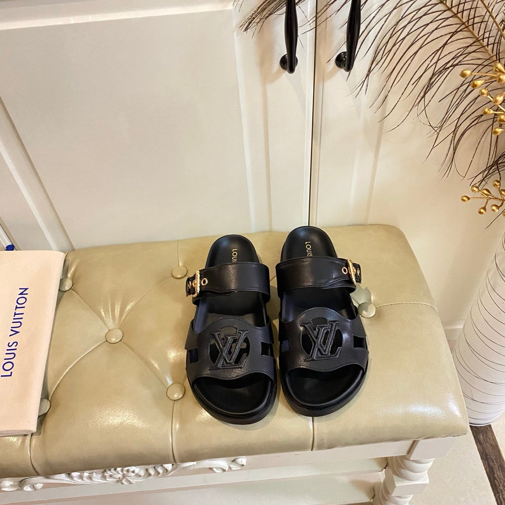LV 26S ISOLA COMFORT MULES IN BLACK CALFSKIN