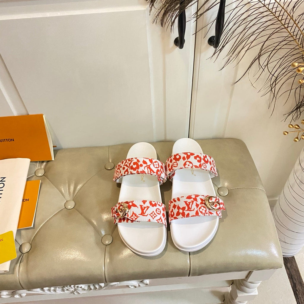 LV 26S DOUBLE-STRAP PILLOW MULES IN WHITE AND ORANGE CANVAS