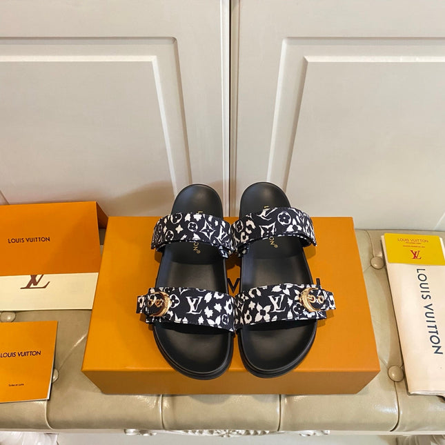 LV 26S DOUBLE-STRAP PILLOW MULES IN WHITE AND BLACK CANVAS