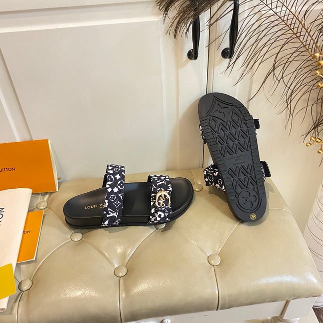 LV 26S DOUBLE-STRAP PILLOW MULES IN WHITE AND BLACK CANVAS