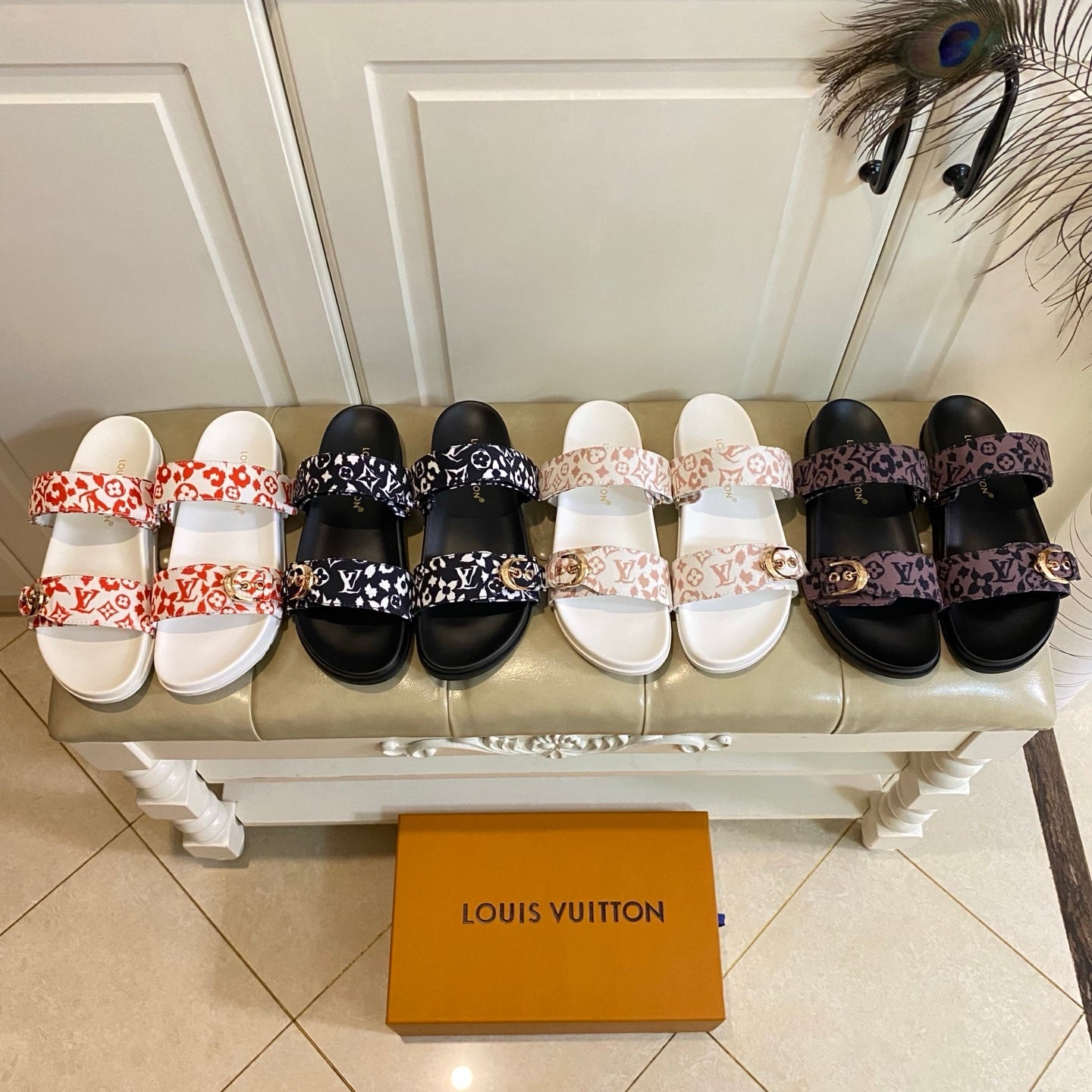 LV 26S DOUBLE-STRAP PILLOW MULES IN WHITE AND BLACK CANVAS