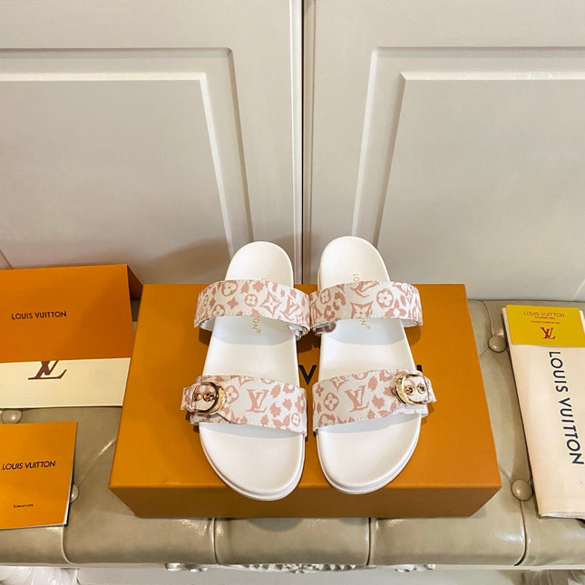 LV 26S DOUBLE-STRAP PILLOW MULES IN WHITE AND DUSTY ROSE CANVAS