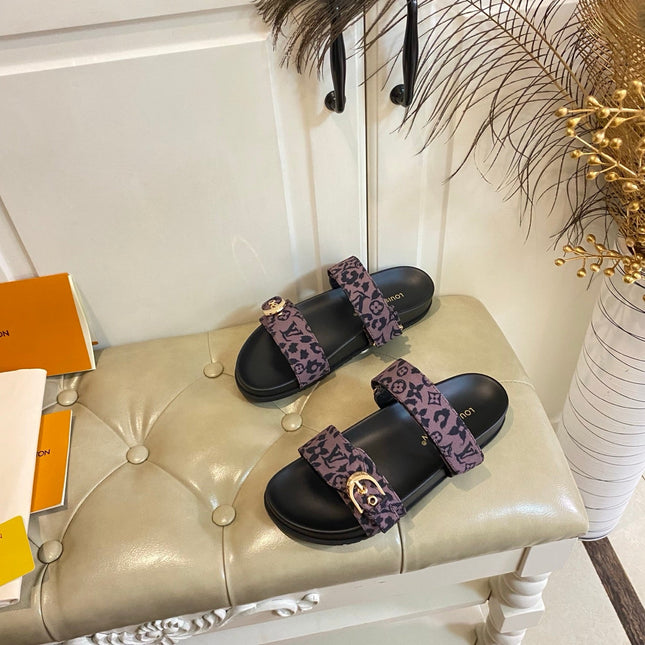 LV 26S DOUBLE-STRAP PILLOW MULES IN DARK PURPLE CANVAS