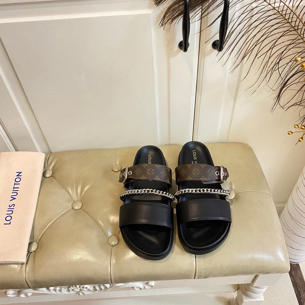 LV 26S STRAP SLIDES IN DARK BROWN CALFSKIN AND CANVAS