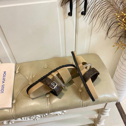 LV 26S STRAP SLIDES IN BROWN SUEDE AND CANVAS