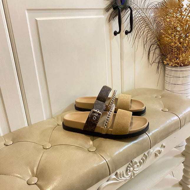 LV 26S STRAP SLIDES IN BROWN SUEDE AND CANVAS