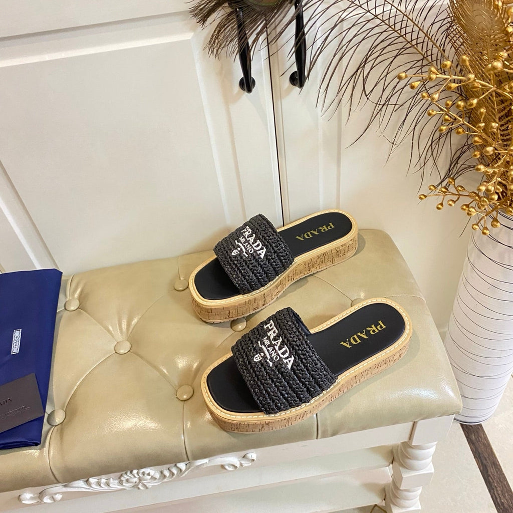 PRADA 26S SLIDE SANDALS CORK SOLE IN BLACK LOGO RAFFIA
