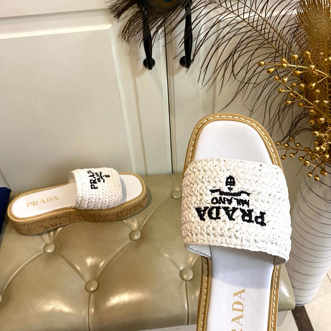PRADA 26S SLIDE SANDALS CORK SOLE IN WHITE LOGO RAFFIA