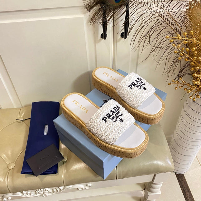 PRADA 26S SLIDE SANDALS CORK SOLE IN WHITE LOGO RAFFIA