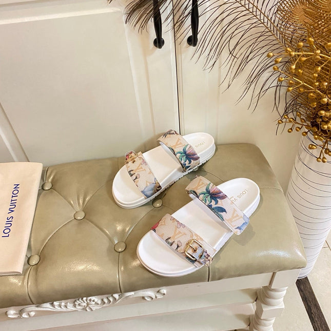 LV 26S TWO-STRAP SANDALS IN MULTICOLOR MONOGRAM CANVAS WITH FLORAL PRINT