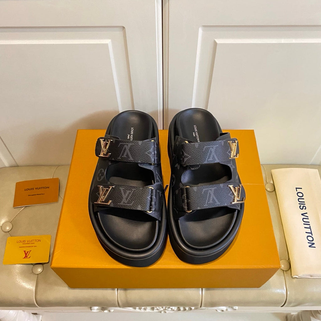 LV 26S WEDGE SLIDES 45 MM IN BACK MONOGRAM COATED CANVAS