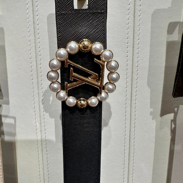 LV CIRCLE PEARL 35MM REVERSIBLE BELT IN BLACK CALFSKIN GOLD HARDWARE