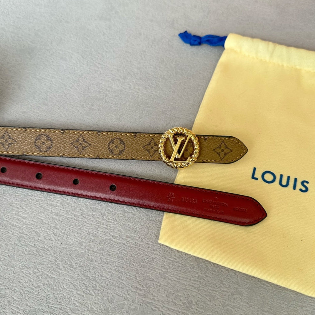 LV Circle Nautical 20mm Reversible Belt Gold Buckle Burgundy Light Brown Lambskin