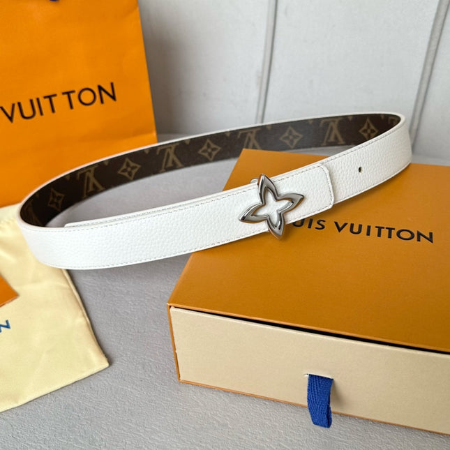 LV Flowergram 30mm Reversible Belt Silver Buckle White Brown Leather