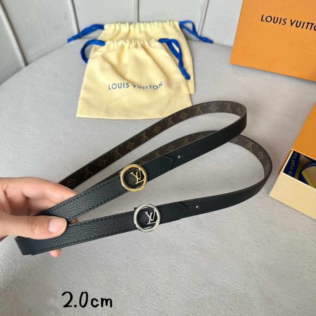 LV Circle 20mm Reversible Belt Silver Buckle Black Brown Leather