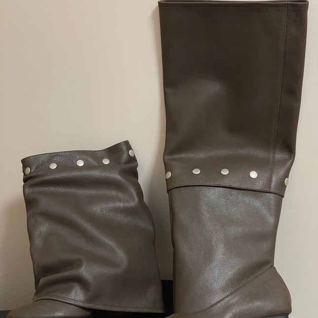 ALO 25S PALOMA WOOL TIERED BOOTS IN DARK BROWN LAMBSKIN WITH STUD