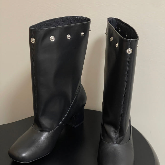 ALO 25S PALOMA WOOL TIERED BOOTS IN BLACK LAMBSKIN WITH STUD
