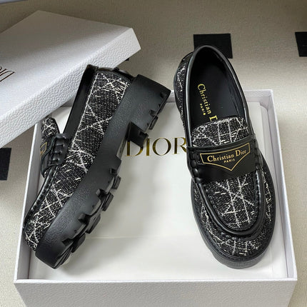 DIOR 25S BOY PLATFORM LOAFERS IN BLACK MIX WHITE TWEED AND LAMBSKIN