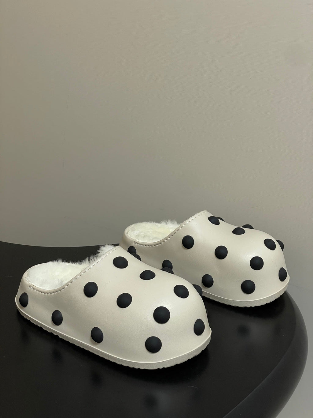 BALENCIAGA 25S FUR-LINED MULES IN WHITE FAUX LEATHER