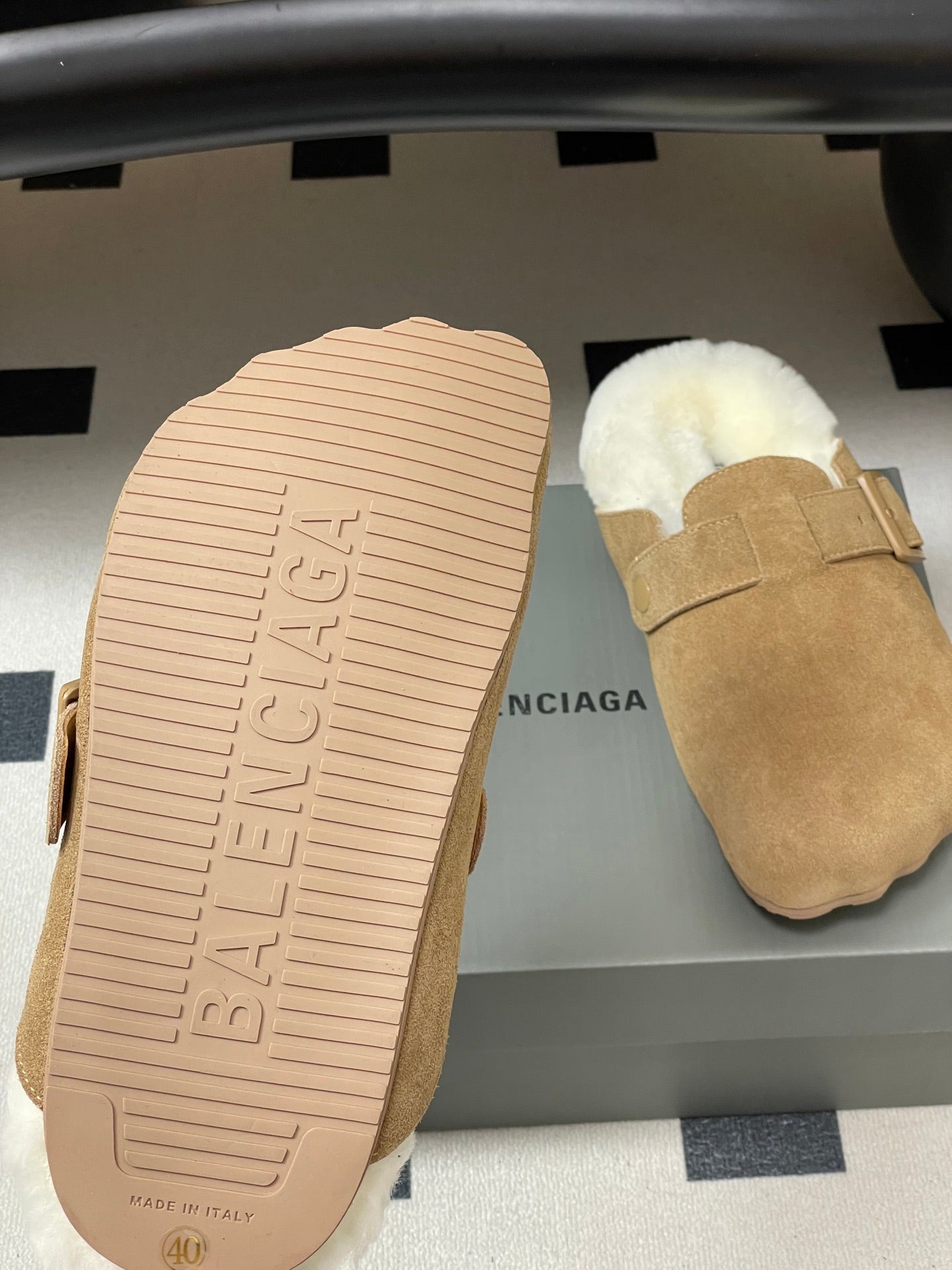 BALENCIAGA 25S FUR-LINED MULES IN LIGHT BROWN FAUX LEATHER