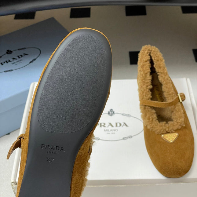 PRADA 25S MARY JANE FLATS IN DARK WALNUT BROWN SUEDE WITH GOLD HARDWARE