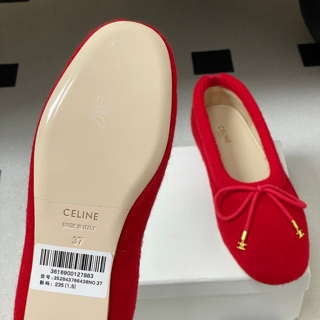 CELINE 26S BALLET FLATS IN RED WOOL WITH BOW