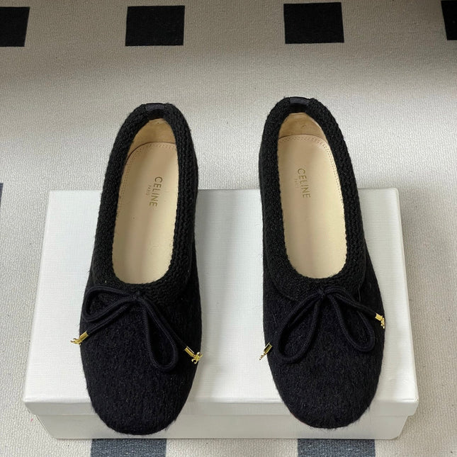 CELINE 26S BALLET FLATS IN BLACK WOOL WITH BOW