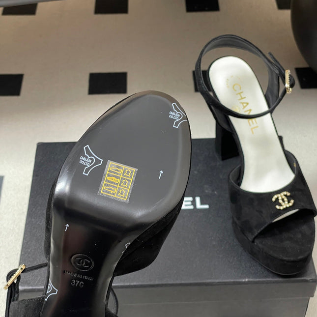 CHANEL 26S HIGH HEEL SANDALS 120 MM IN BLACK SUEDE