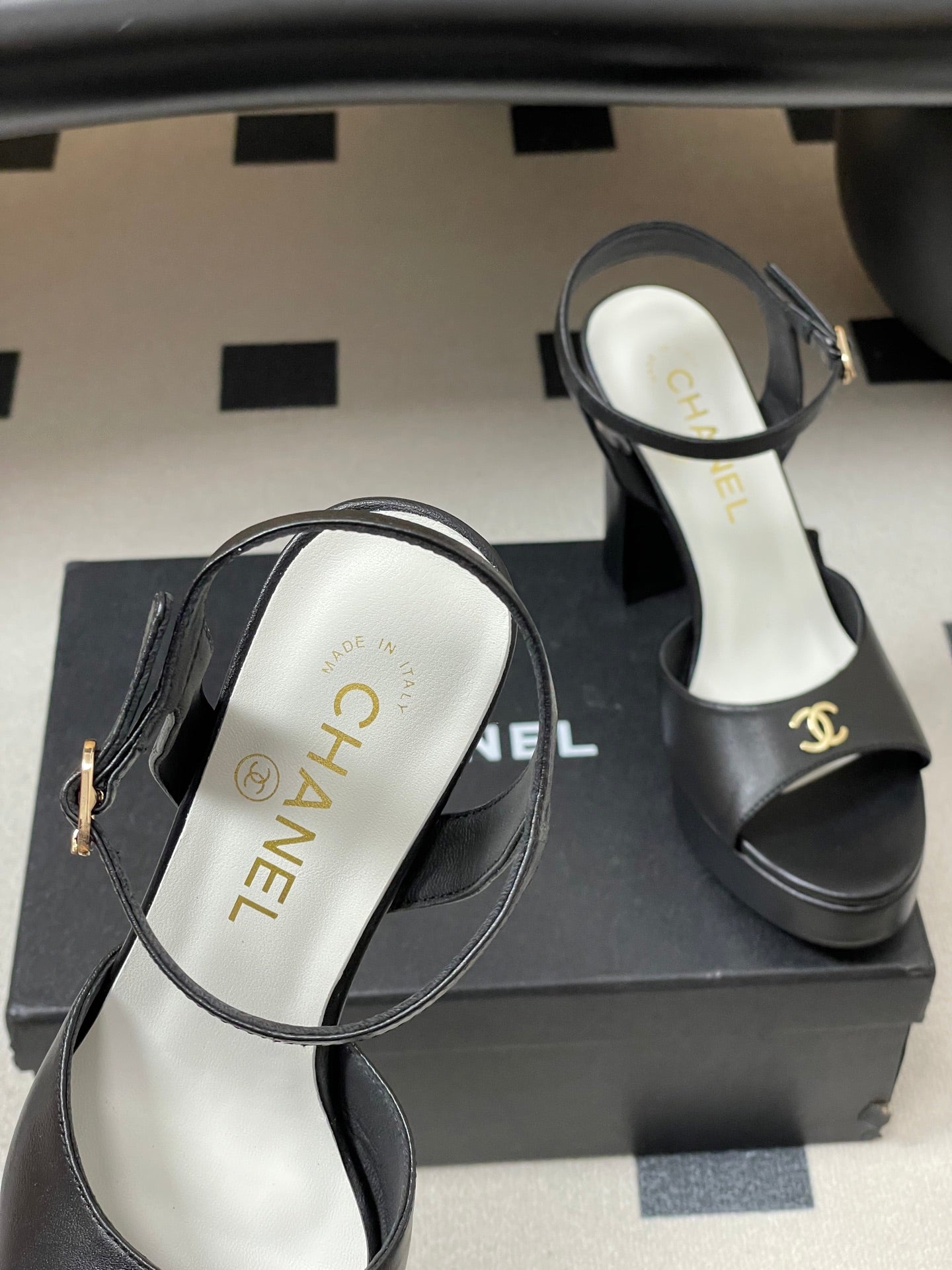CHANEL 26S HIGH HEEL SANDALS 120 MM IN BLACK LAMBSKIN