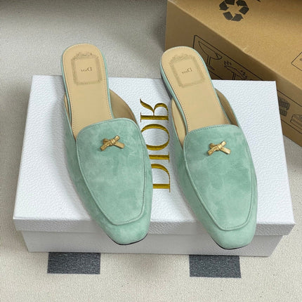 DIOR 26S MULES IN LIGHT MINT GREEN SUEDE WITH BOW