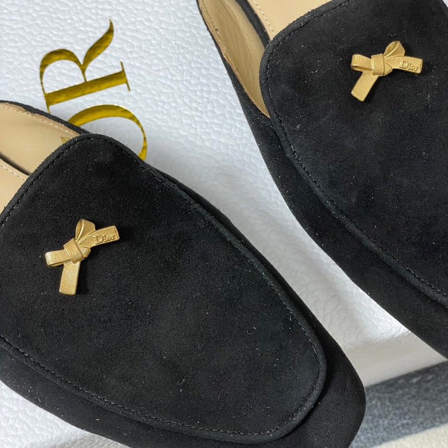 DIOR 26S MULES IN BLACK SUEDE WITH BOW