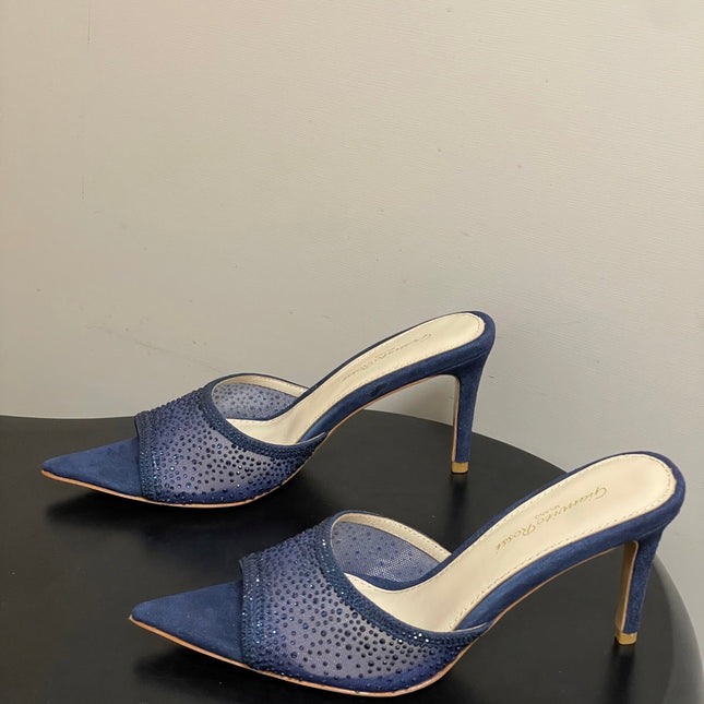 GIANVITO ROSSI 26S HIGH HEELS 85 MM IN NAVY BLUE SUEDE WITH RHINESTONE STRAP