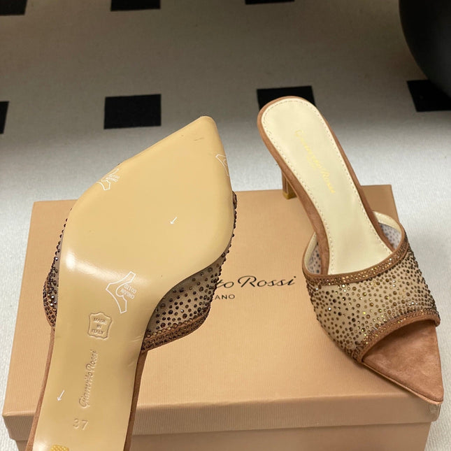 GIANVITO ROSSI 26S HIGH HEELS 85 MM IN BROWN SUEDE WITH RHINESTONE STRAP
