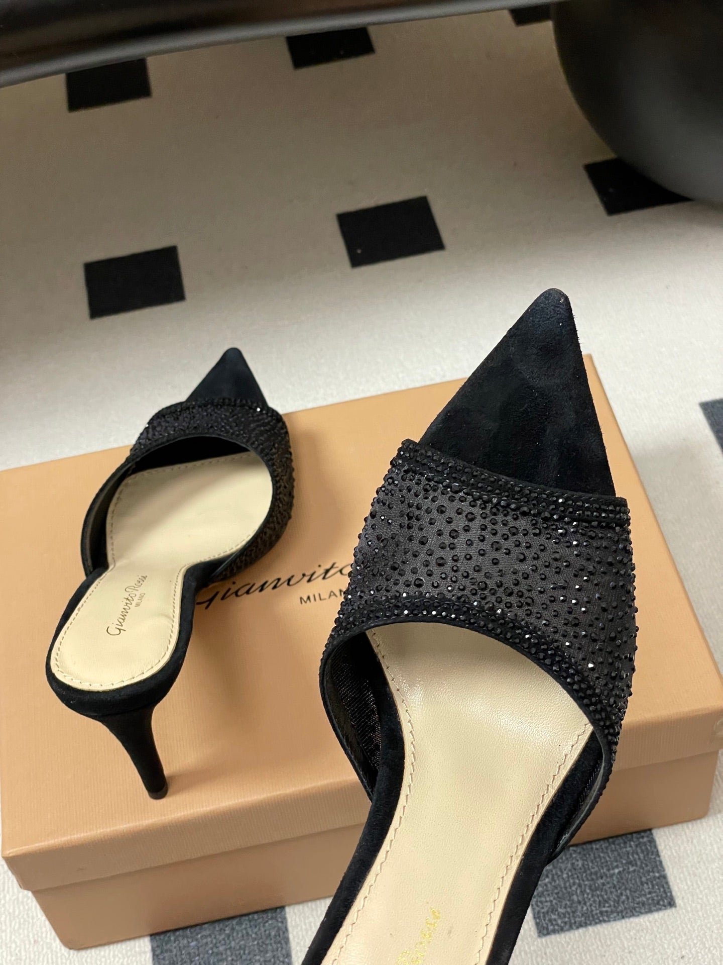 GIANVITO ROSSI 26S HIGH HEELS 85 MM IN BLACK SUEDE WITH RHINESTONE STRAP