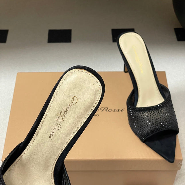 GIANVITO ROSSI 26S HIGH HEELS 85 MM IN BLACK SUEDE WITH RHINESTONE STRAP