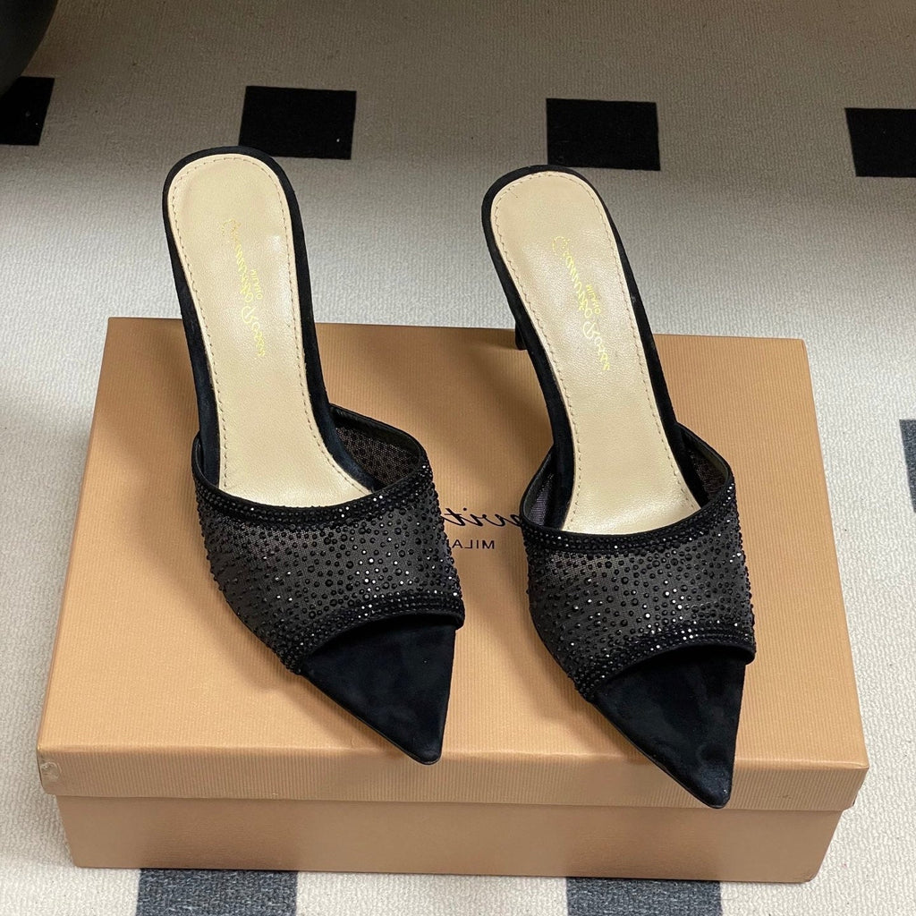 GIANVITO ROSSI 26S HIGH HEELS 85 MM IN BLACK SUEDE WITH RHINESTONE STRAP