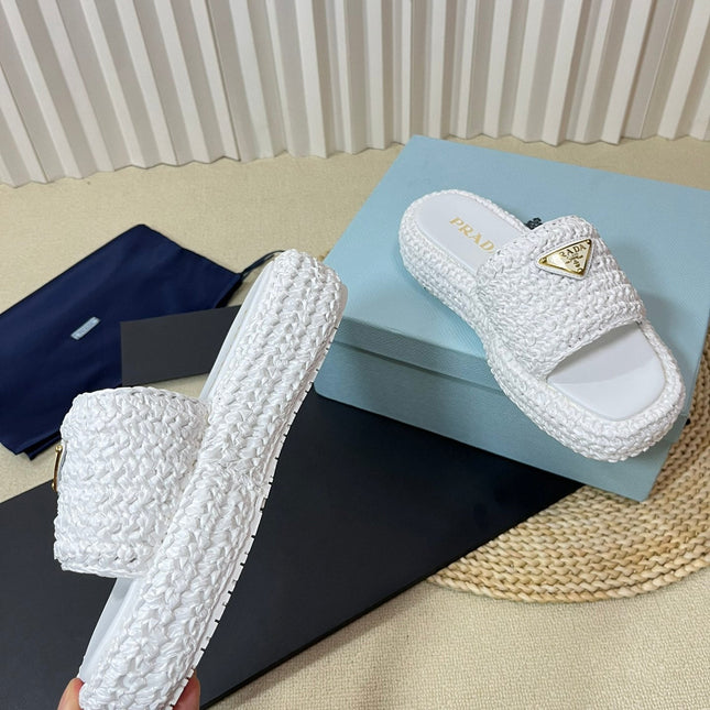 PRA CROCHET FLATFORM SLIDES WHITE RAFFIA