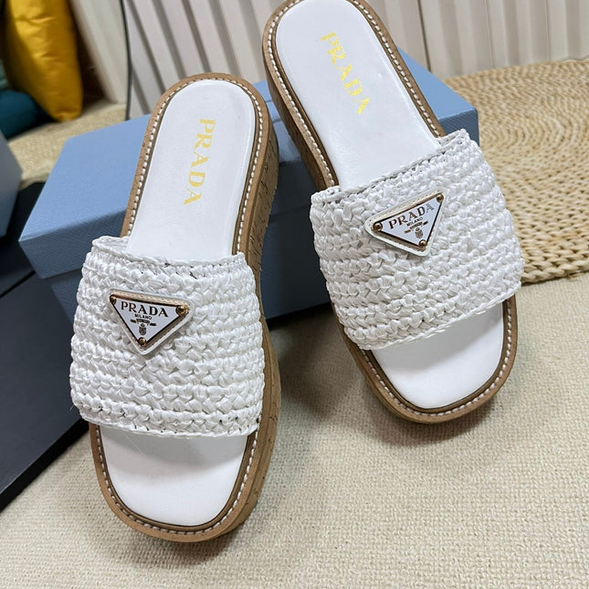 PRA WEDGE FLATFORM SLIDES WHITE RAFFIA